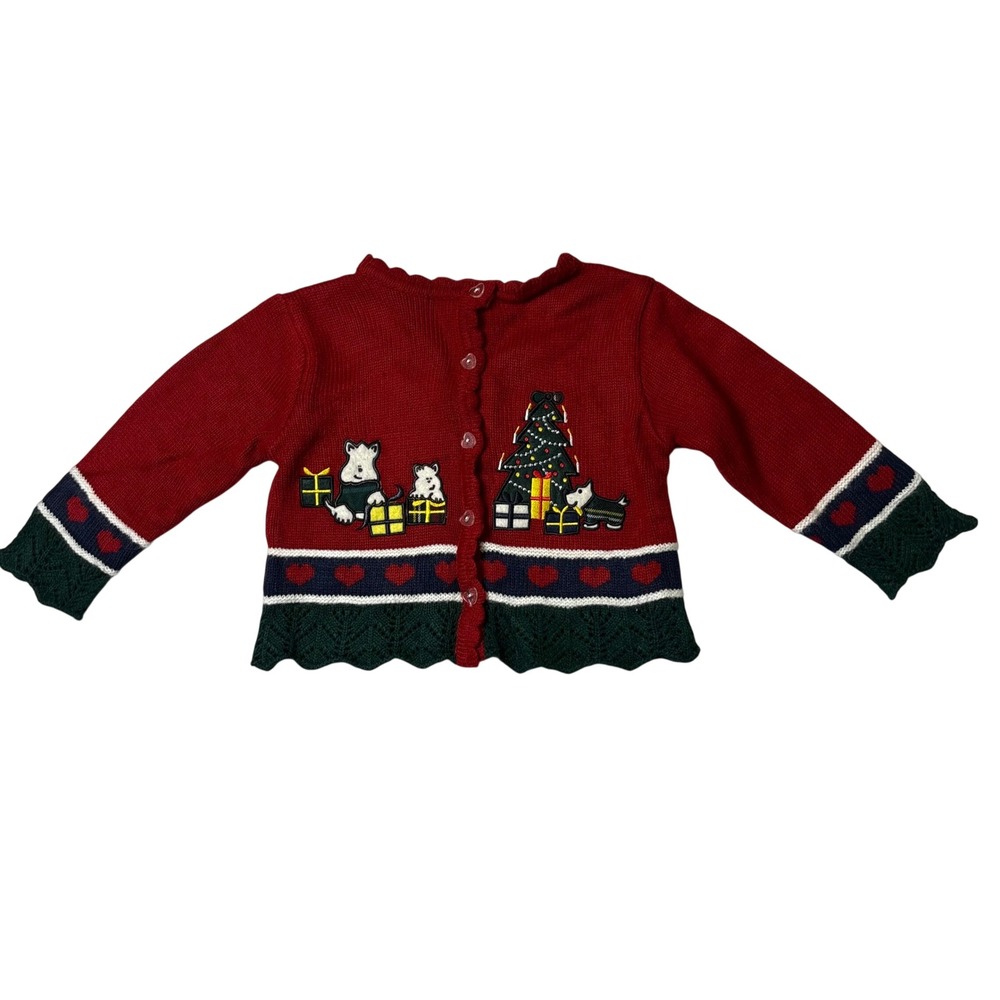 Vintage B.T. Kids Christmas‎ Cardigan 24 Months Red Holiday Sweater Dogs Tree